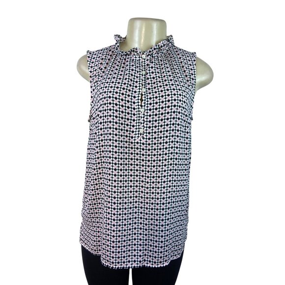 Talbots Women's Sleeveless Blouse With Ruffle Neck & Geometric Pattern Sz M - Picture 1 of 7